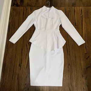 New White Peplum Long Sleeves Pencil Fitted Midi Dress With Bow Collar Details M